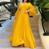 Etnische kleding vrouwen vloer lengte geplooide jurk gele hoge taille 3/4 mouw diep v nek elegant avondfeestje lange Afrikaanse jurken voor