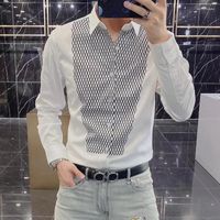 Camisas casuais masculinas contrastavam strass impresso Men, outono, manga longa slim comercial vestido formal camisa social smoking blusa de smoking