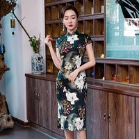 Этническая одежда весенняя леди принт цветочный платье Чонсам Традиционное китайское банкетное банкетное платье Qipao 3xl 4xl Daily Юбка
