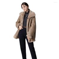 Kadınlar Deri 2022 Gerçek Ceket Kadın Kış Sıcak Koyun Dinini Shearling Coat Lady's Single Bravatalı Uzun Kürk Palto