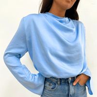Blusas femininas outono de seda cetim blusa de cor sólida cor de pescoço oflo
