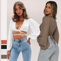 Women' s Blouses Lace Up Bandage Sexy Crop Tops Women Su...