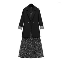 Sıradan Elbiseler Kadınlar Bahar Sonbahar Ceket 2022 Takım Ceket Çiçek Elbise Sundress Setleri Kadın 4xl Siyah Blazer Vintage