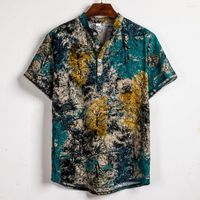Camisas casuais masculinas masculinas de manga curta étnica impressão de linho de linho havaiano Blush Men Logo