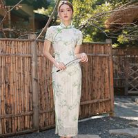 Ethnische Kleidung traditionelle grüne Cheongsam Kurzarm Kurzarm Weiches Vintage Kleid Sommer Schlanker Frauen Kostüme eleganter Qipao chinesischer Stil