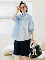 Kadınlar bluzları imakokoni orijinal tasarım yaka hırkalı kısa kollu gömlek dantel yaka gündelik gevşek mavi tek göğüslü üstü kadınlar için