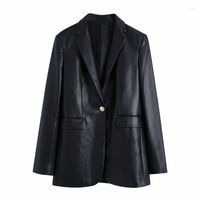 Damenanzüge SLMD Women Mode elegante Single -Knopf -PU -Leder -Blazerinnen weibliche Taschen gekerbte Blazer Coat Ladies Chic Tops