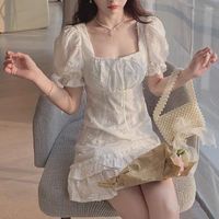 Vestidos informales Vintage Fairy Mini Dress Women manga Floral Ruffles Fiete 2022 Summer Square Collar sin espalda Sexy