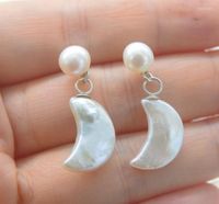 Stud Earrings One Pair Freshwater Pearl White MOON Hook S925...
