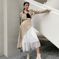 İş Elbiseleri 2022 Kadınlar Haki 2 Parça Set Kısa Omuz Pedi Ceket Yüksek Bel Düzensiz Kafes Uzun Etek Ofis Lady Blazer Takım