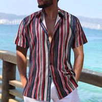 Erkekler için Erkekler Erkekler Etnik Stripe Baskı Erkekler Gömlek Yaz Kısa Kollu Bluz Üstleri Erkek Vintage Giysiler