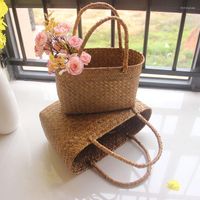 Bolsas de almacenamiento algas marinas de canasta de flores tejidas bolsas suculentas manualidades de compras artísticas recogiendo bambú de picnic