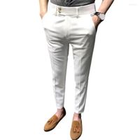 Мужские костюмы мужчин девятый брюки с твердым цветом мягкая ткань Slim Fit Zip up Straight Brousers Anti-wrinkle Mid waist