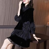 Casual Dresses Gothic Slim Gold Velvet Womens Black Dress Turtleneck Flower Pärled A-Line Mesh Stitching Elegant Korean