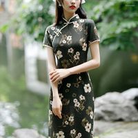 Etnik Giyim 2022 Çin tarzı vintage qipao elbise kadınlar yaz kısa kollu yarık çiçek baskı ince ince seksi cheongsam dersses kadın