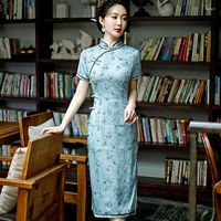 Roupas étnicas Sexy Lady Satin Floral Impresso Cheongsam Classic Mandarin Collar Beading Qipao Botão vintage Chinese Tamanho grande