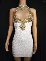 Sahne Giymek Kadınlar Sparkly Gold Beyaz Rhinestones Kolsuz Kısa Elbise Doğum Gününü Kutlama Partisi Gece Kıyafet Şarkıcı