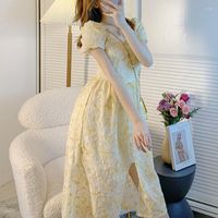Robes décontractées en dentelle vintage robe fée femme jaune imprimé floral français sweet 2022 fête des vacances d'été longue fente femelle coréenne