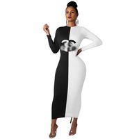 مصممة النساء فساتين العلامة التجارية سوداء أبيض أبيض قطعة واحدة من بوديكون ماكسي فستان طباعة نادي الحفلات أردية طويلة الأكمام