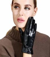 Vinter äkta läderkvinnor handskar Pekskärm fårskinn termisk linning svart varm vante full finger kör handhandskar4385844