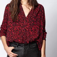 Blouses pour femmes 2022 Red Leopard Shirt Imprimer le ton est blanc et mince Viscose en V Viscose en crêpe