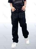 Herren Jeans Four Seasons Y2K Emo Modes Black Street Stickerei Low geschnittene lose gerade Hosen Hip Hop Kleidung 221206