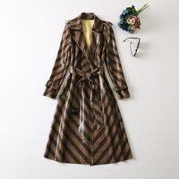 여자 트렌치 코트 가을과 겨울 패션 로스플 스트라이프 패턴 벨트 허리 긴 슬리브 코트 바람개비 5 크기 S-XXL