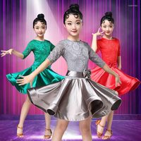 Sahne Giyim Kızlar İçin Latin Dans Elbisesi Uzun Kollu Dantel Standart Balo Salonu Dans Elbiseleri Çocuk Performans Salsa Giysileri