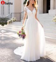 Nouveau 2022 Bohemian mousseline une ligne robes de mariée Long Train Bridal Robes Appliques en dentelle White V Neck Boho Beach Bride Dres1939120