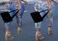 Jeans feminino cor do arco-íris entrecruzado com cadarço bainha elástico cintura alta lápis longo calça jeans street 039s2741067