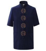 Summer de verano entero azul marino azul039s bordado de algodón camisa dragón tops vintage chino camisa de manga corta traje tangle tamaño M x5214350