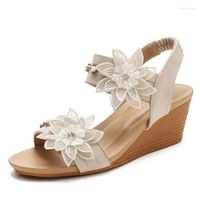 Sandalet kadın çiçek kama topuk sandal elastik bant ayak bileği sarma yaz bayanlar parti ayakkabıları