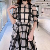 Günlük Elbiseler Wakuta 2022 Erken Sonbahar Kadınlar Vestidos Japonya Moda Çöp Femme Kollu Yüksek Bel Ekose Tül Elbise Dantel