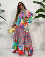 Sıradan Elbiseler Bohemian Sundress Kadınlar Plaj Maxi Drawstring V-Beeck Uzun Kollu Elbise Bayanlar Gevşek Çiçek Baskısı Parti Vestidos