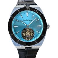 남성 시계 아이스 블루 투르 빌론 중공 다이얼 빛나는 자동 움직임 가죽 스트랩 신사 손목 시계 42mm