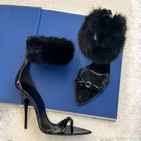 Fur with leather ankle strap high- heeled sandals naked stile...