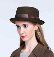 100 donne in lana pura di maiale Fedora Hat Elegante signora Cashmere Flat Homburg Padrino Top Caps con Fashion Bowknot Brim Brim HA3308102