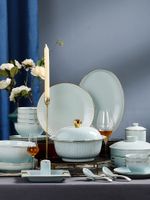 Luxury 72 pezzi di taglio a bordo azzurro set di stoviglie in porcellana ceramica piatti da pentola per cucchiai set di cucchiai ciotola