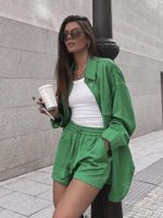 Женские спортивные костюмы Мода Женщины зеленая рубашка эластичная талия 2 Шорты 2 ПК для летних сет повседневные девушки для праздничного солидного цвета прибытие