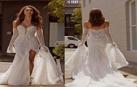 Pallas Couture Gelinlik Tweetheart Uzun Kollu Dantel Boncuk Seraları Gelin Önlükler Seksi Sırtsız Süpürme Tren Denizkızı Düğün D4765869