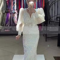 Langarmes weiße Pailletten Meerjungfrau Abendkleider 2023 mit Belt Prom Party Nachtkleid formelle Promkleider Vestidos de Noche