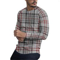 남성용 T 셔츠 남성 압축 셔츠 어두운 남자 남성 캐주얼 스트라이프 격자 무늬 인쇄 긴 슬리브 탑 둥근 목 패션