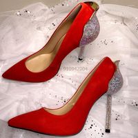 Elbise ayakkabıları kadın pompalar yüksek ince topuk crstal sivri uçlu sığ seksi bayanlar bling gelin düğün kırmızı