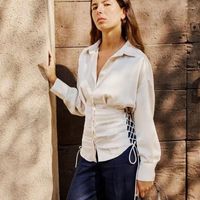 Kadın bluzları rahat derin v gevşek sonbahar gömlek 2022 Zarif Drawstring Hem Boho Camisa Vintage yaka Uzun Kollu Katı Gömlek Kadınlar İçin