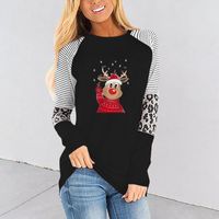 여자 T 셔츠 여성 크리스마스 사슴 프린트 캐주얼 O 목 표범 줄무늬 줄무늬 긴 소매 상단 셔츠 블라우스 튜닉