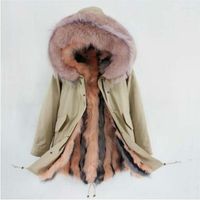 여자 트렌치 코트 2022 패션 겨울 자켓 여성 천연 너구리 모피 칼라 진짜 두꺼운 따뜻한 파카