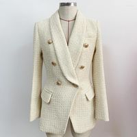 Kadın Suits Yüksek Kalite Est Sonbahar Kış Güzel Tasarımcı Blazer Kadınlar Çift Göğüslü Aslan Düğmeleri Şal Yakası Kalın Tüvit Ceket
