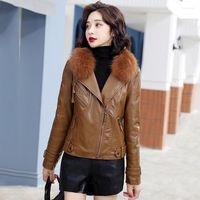 여자 가죽 코트 칼라 모피 암컷 짧은 봄과 가을 캐주얼 슬림 핏 패션 불규칙한 지퍼 진동 재킷