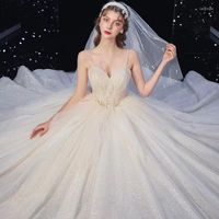 Свадебное платье белые блестящие платья для спагетти ремни v-образные кружевные аппликации с блестками из буристого принцесса свадебного платья 2022