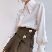 Blusas femininas caem moda de cetim abotoado camisas de cetim vintage feminina cor de mangas compridas soltas